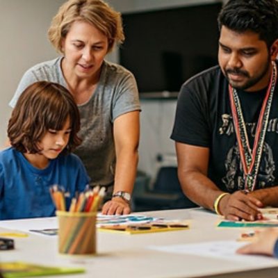 Adults assisting a child with a creative activity at a table, assisting with autism spectrum disorder