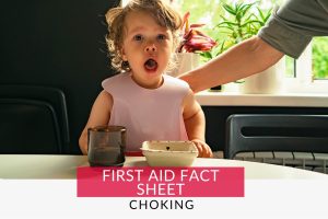 Infant choking on food at a table. Choking infant first aid fact sheet