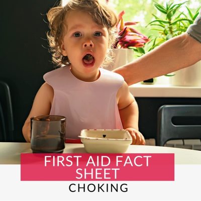 Choking infant first aid management Infant choking on food at a table. Choking infant first aid fact sheet