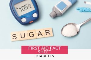 First Aid Fact Sheet: Diabetes – Image shows tools used for a diabetes emergency: glucose meter, lancet device, testing strips, sugar. Important information in the event of a Diabetes Emergency