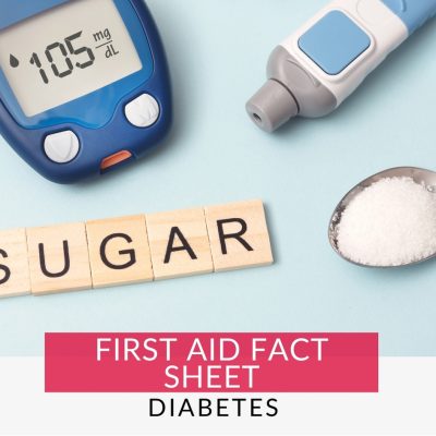 First Aid Fact Sheet: Diabetes – Image shows tools used for a diabetes emergency: glucose meter, lancet device, testing strips, sugar. Important information in the event of a Diabetes Emergency