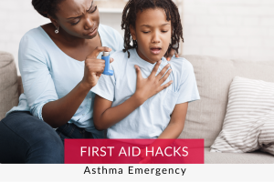 Mother helping administer asthma puffer to child, asthma emergency
