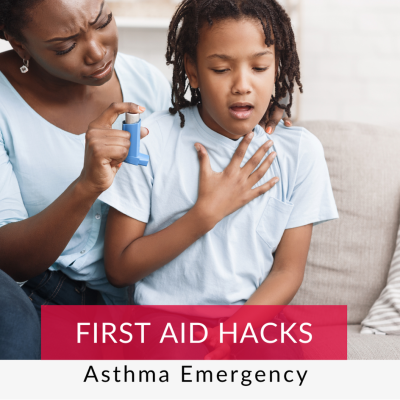 Mother helping administer asthma puffer to child, asthma emergency