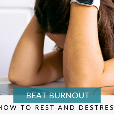 Beat burnout - lady with her head in her hands. an article about how to beat burnout and reduce stress