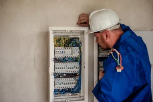Man looking at a switchboard